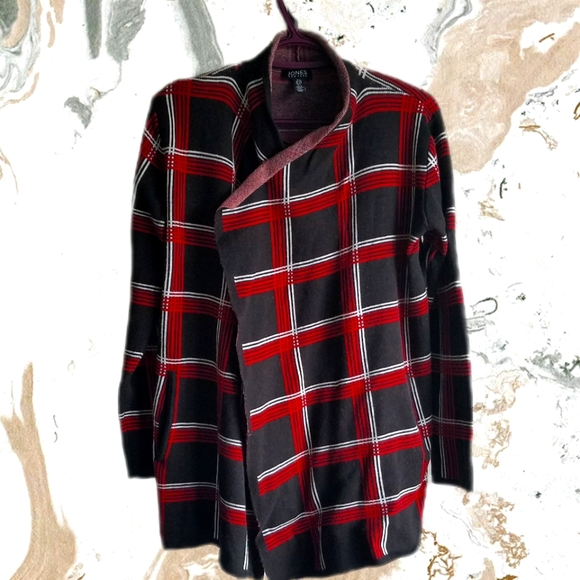 Jones NY waterfall open front red and black plaid cardigan with pockets - Picture 3 of 13